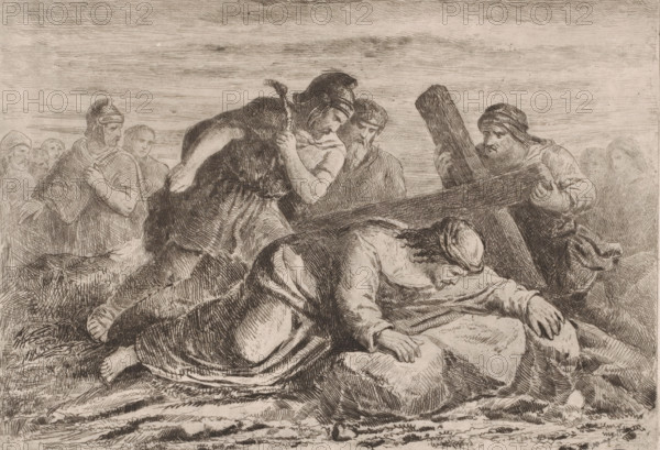 Christ falling under the burden of the cross, print, printmaker: Joseph Meganck, 1817 - 1891,