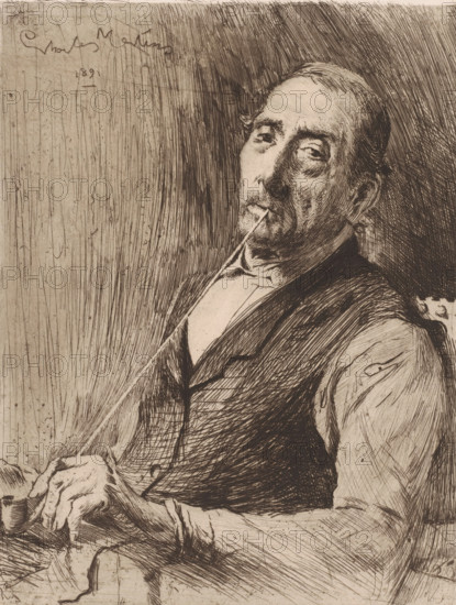 Man smoking a long pipe, print, printmaker: Charles Mertens, 1891, paper, etching, intaglio