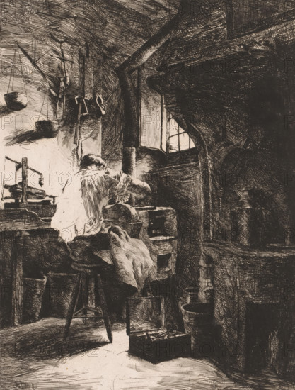 Engraver at work in a workshop, print, inscription: '1e état', printmaker: Charles Mertens, 1875 -