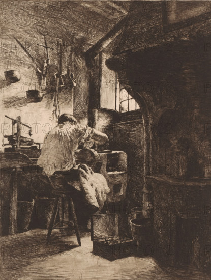 Etcher at work in a workshop, print, mark: 'Antwerpsche Etsers 1880', printmaker: Charles Mertens,