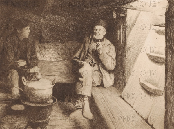 Two men rest in the hold of a ship, print, printmaker: Charles Mertens, Belgium, 1875 - 1913,