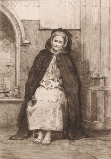 Old beggar woman seated in front of the Basilica of Our Lady of Scherpenheuvel, print, inscription: