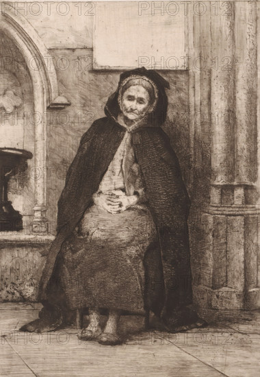Old beggar woman seated in front of the Basilica of Our Lady of Scherpenheuvel, print, inscription: