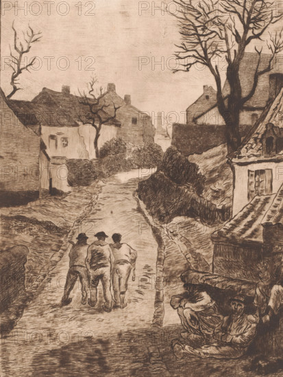 Three men walking on a road in a mining village, print, printmaker: Karl Meunier, after painting by