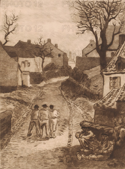 Three men walking on a road in a mining village, print, printmaker: Karl Meunier, after painting by
