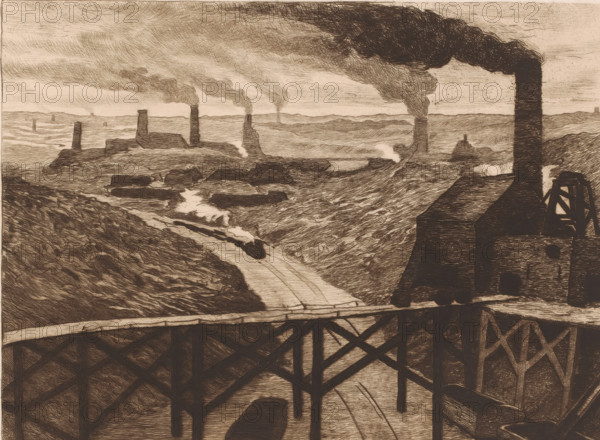 Industrial landscape with viaduct and a passing train, print, printmaker: Karl Meunier, after