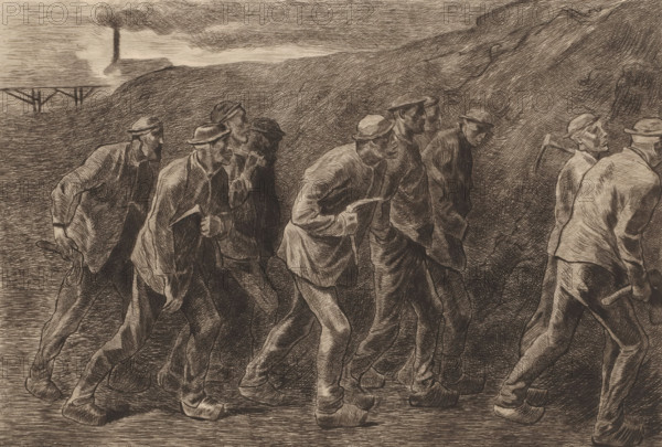 Ten miners on their way to work, print, inscription, inscription: '1er Etat difénitif', printmaker:
