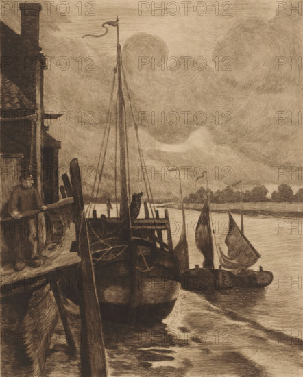 View of boats in the Scheldt near Rupelmonde, print, inscription: '1er Etat KM', printmaker: Karl