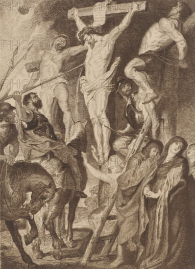 Longinus stabs the crucified Christ with a lance, print, inscription: '3me Etat', printmaker: Jean