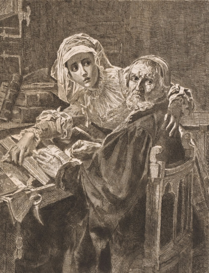 Old man and a woman reading forbidden literature, print, inscription: '1e Etat', printmaker: Jean