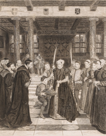 Margaretha van Parma hands over the city keys to the Antwerp magistrates in the city hall, print,