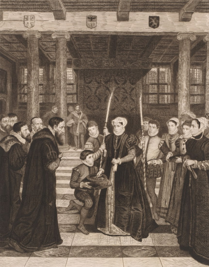 Margaretha van Parma hands over the city keys to the Antwerp magistrates in the city hall, print,