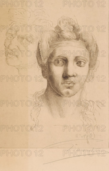 Two female heads, Negress after Michelangelo (former title), print, inscription: '2e etat, 2
