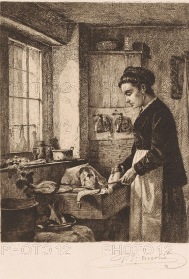 Woman preparing fish in a kitchen, print, mark: 'Antwerpsche Etsers 1880', printmaker: Paul Emile