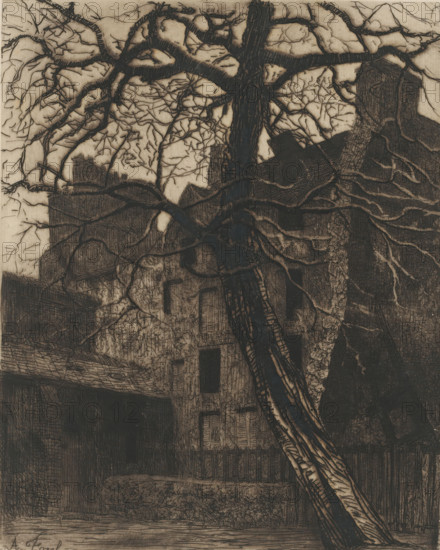 Courtyard of the Église Saint-Julien-le-Pauvre in Paris, print, printmaker: Alexis Forel, dedicated