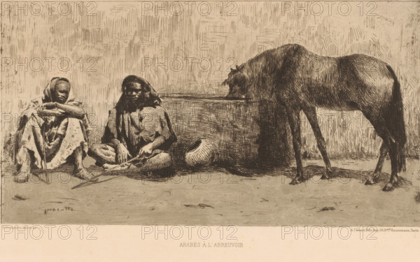 Arabes à l'abreuvoir, Arabs (former title), Two seated men by a trough with a horse, print,