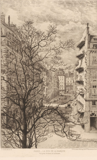 View of the Rue de la Banque, print, printmaker: Alfred Taiée, Paris, publisher: Alfred Cadart,