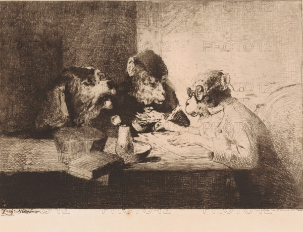 Dressed monkey giving writing lessons to a dog and a monkey, print, Numbered top right: 42.,