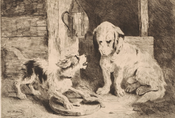 Two dogs by a lantern and a plate of food, print, printmaker: Zacharie Noterman, 1830 - 1890,