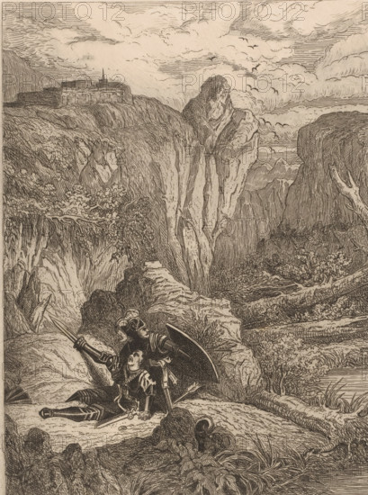 Two knights in armor defending each other in a rocky landscape, print, printmaker: attributed to