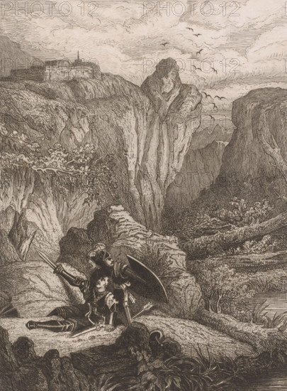 Two knights in armor defending each other in a rocky landscape, print, printmaker: attributed to