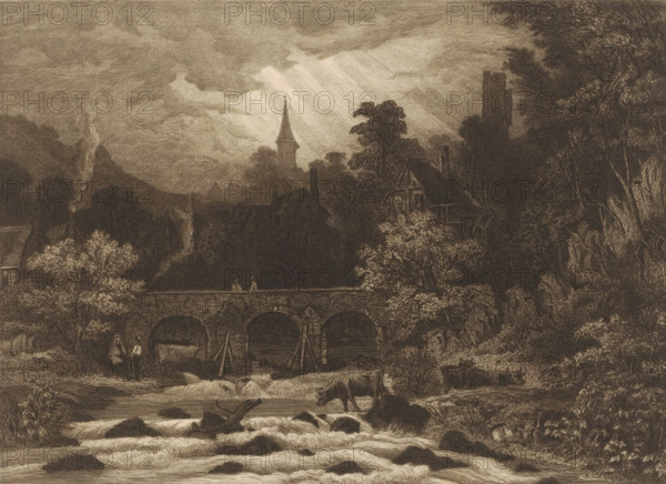 Landscape with village in a mountain valley along a river with bridge, print, printmaker: Auguste