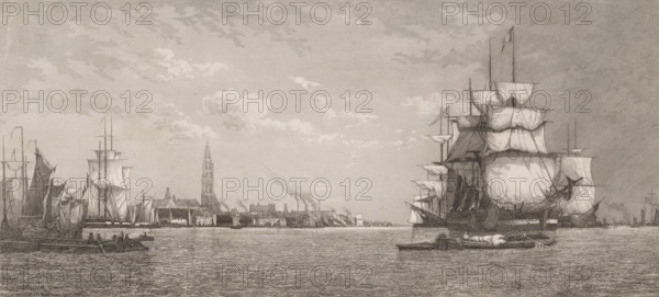 View of Antwerp from the Scheldt, print, printmaker: Auguste Numans, Belgium, after design by Paul