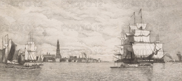View of Antwerp from the Scheldt, print, Hippert&Linnig 63, printmaker: Auguste Numans (signed by