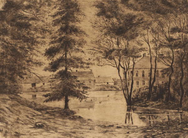 View of Ghlin Castle, print, annotation: '1er état', printmaker: Ch. Perrin (signed by artist), c.