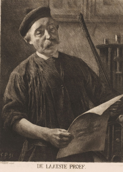The final proof, Printer studying a proof, print, workshop stamp: 'Antwerp Etchers 1880',