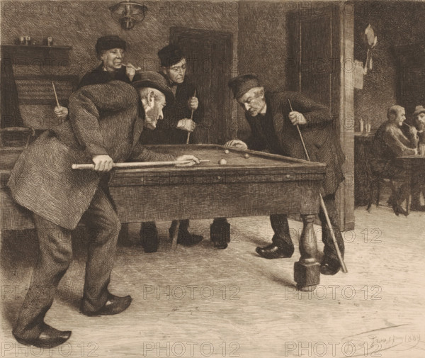 Men playing billiards in a café, print, workshop stamp: 'Antwerpsche Etsers 1880', printmaker: