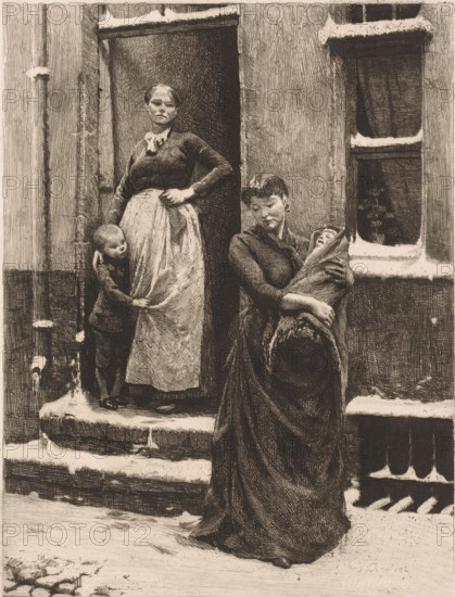 Two women with children at a doorway, print, Illustration for the fable 'The Cricket and the Ant'.,
