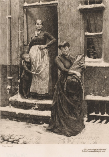 You sing! I'm quite at ease. Well, dance now., Two women with children at a doorway, print,