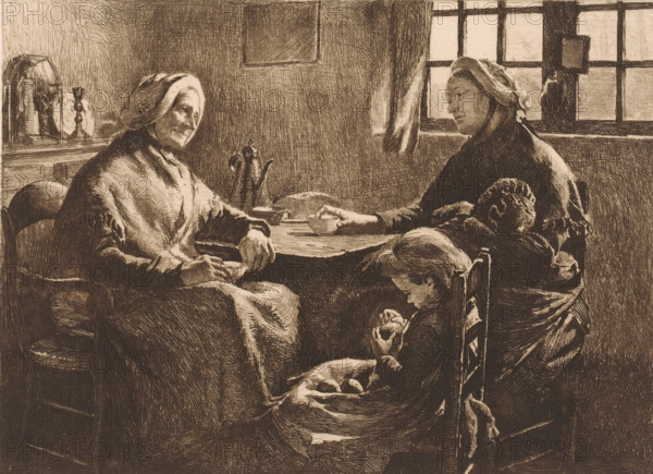 Mother with two children visiting grandmother, print, workshop stamp: 'Antwerp Etsers 1880',