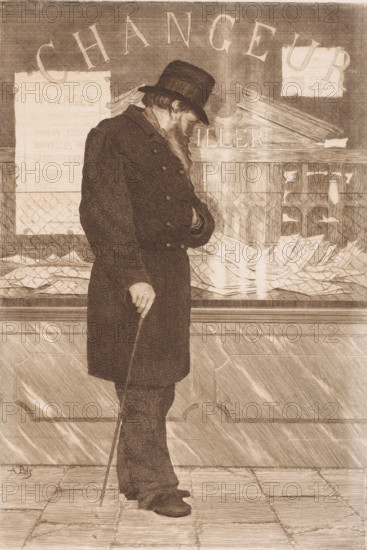 Man looking through the window of a currency exchange office, print, printmaker: Arthur Puls, c.