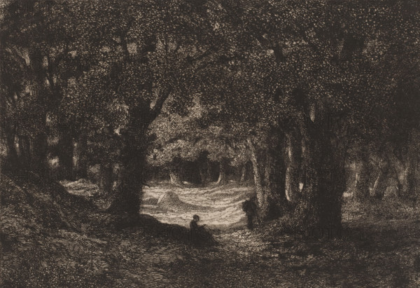 Three figures resting in a forest, print, inscription: 'Epreuve unique', printmaker: attributed to