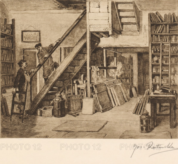 Two men by a staircase in an Antwerp lithographer's workshop, print, mark: 'Antwerpsche Etsers