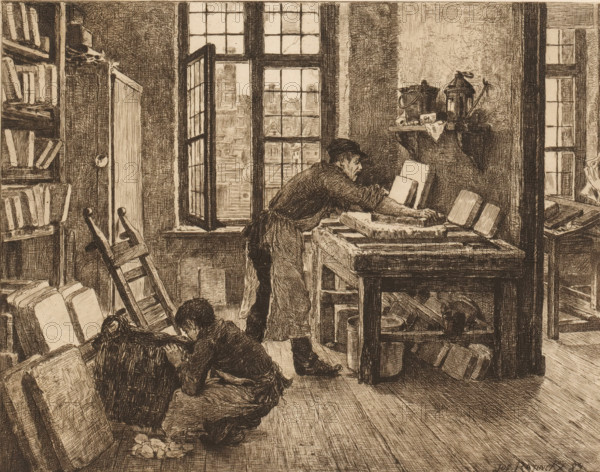 Lithographer at work in his workshop, print, mark: 'Antwerpsche Etsers 1880', printmaker: Jos