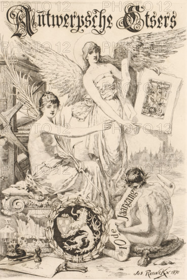 Allegorical figure with wings showing prints amidst graphic attributes, Antwerp Etchers, 10th year,