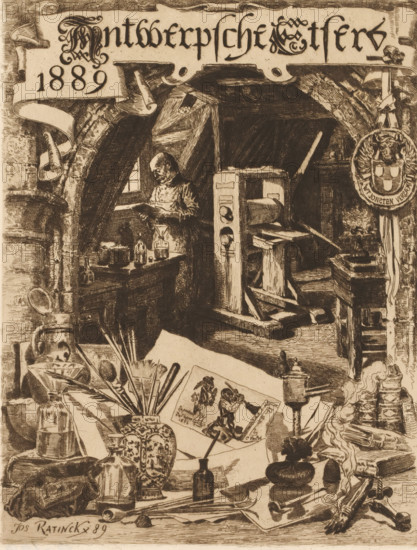 Graphic artist in his workshop with various graphic attributes in the foreground, Antwerp Etchers