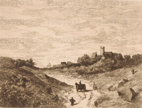 Landscape with figure and carriage on a road towards a body of water, print, mark: 'Antwerpsche