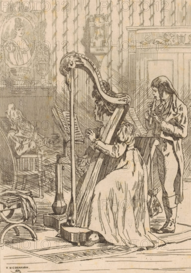 Duet of a harpist and a flutist, L'ariette, print, printmaker: Félicien Rops, 1874, Félicien Rops,