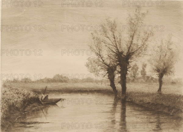 Landscape with three willows along a brook and a fishing boat on the water, print, printmaker: