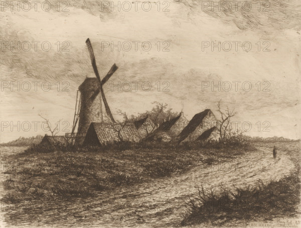 Landscape with the Cathelijne windmill and houses, Cathelijne windmill, print, printmaker: Henri