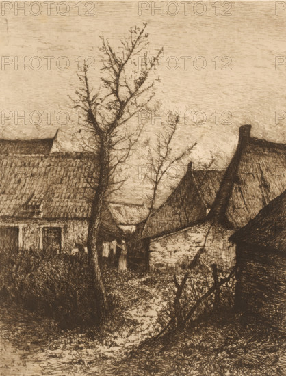 Woman hanging laundry outside at a farm, print, mark: 'Antwerpsche Etsers 1880', printmaker: Henri
