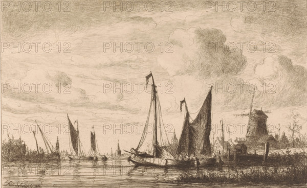 View of Zaandam with boats in the foreground, print, mark: 'Antwerpsche Etsers 1880', printmaker:
