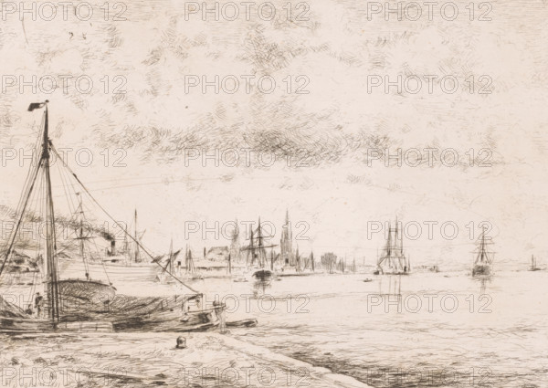 Sailing ships on the Scheldt near Antwerp, print, printmaker: Henri Seghers, 1881, paper, etching,