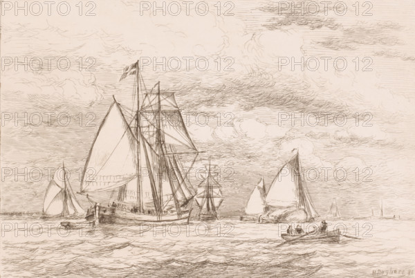 Sailing ships and a rowboat on open water, print, printmaker: Henri Seghers, 1886, paper, etching,