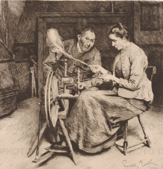 Man and woman by a spinning wheel, print, printmaker: Charles Mertens, 1889, paper, etching,