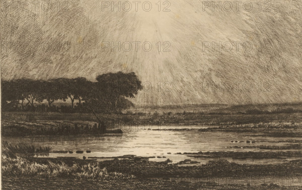 View of the Meuse near Jupille, print, printmaker: Théodore Tscharner, 1836 - 1906, paper, Japanese